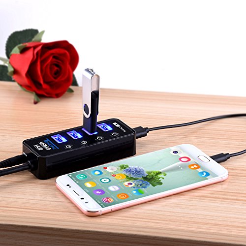 USB Hub with 4 USB 3.0 Data Ports + 1 USB Smart Charging Port | 5 Ports USB 3.0 Hub with Power Supply, Individual On/Off Port Switches for MacBook, Mac Pro, Hard Drive and More
