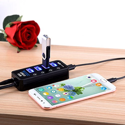 USB Hub with 4 USB 3.0 Data Ports + 1 USB Smart Charging Port | 5 Ports USB 3.0 Hub with Power Supply, Individual On/Off Port Switches for MacBook, Mac Pro, Hard Drive and More