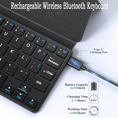 Universal Wireless Keyboards Portable Mini Keyboard with Any-Angle Stand | Dual-Device Computer Keyboards Rechargeable Travel Bluetooth Keyboard for iPad/iPhone/Tablet/Laptop&Android/Windows/iOS,Black - color: Black