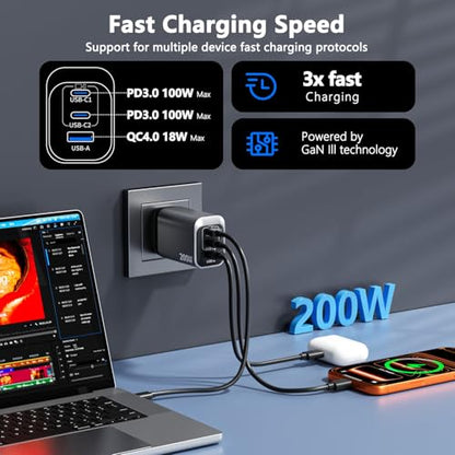 200W USB C Charge Block,3 Port PD 100W GaN Charger,Multi Port Fast Charging Station Hub for Multiple Devices,Compatible with MacBook/iPad/iPhone/Laptop/Galaxy/Android Cell Phone with 2M C-C Cable
