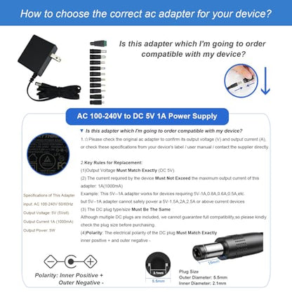 5V 1A AC Adapter Power Supply Charger 5W AC/DC Adapter 100-240V AC to DC 5V Power Cord Converter with 11 Interchangeable Jacks Plug for USB Hub TV Box Router Camera and More (1 Pack)