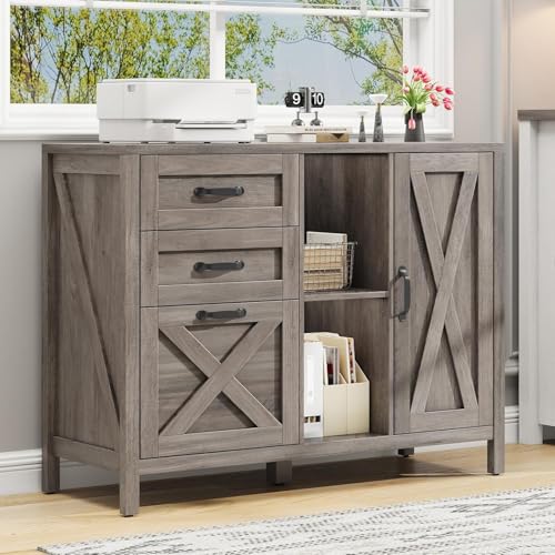Vabches Lateral File Cabinet, Farmhouse 3 Drawer File Cabinet with Open Storage Shelf for Letter/A4/Legal Size Hanging Files, Large Wood Storage Cabinets Printer Stand for Home Office, Grey - color: Grey, size: 28.34"H