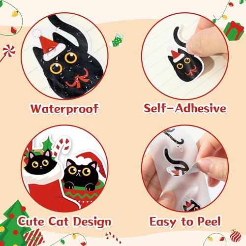 CNhoqc Christmas Black Cat Stickers - 2000 Pcs (4 Rolls) Vibrant Christmas Cat Stickers Santa Hat Tree String Light Waterproof Vinyl Decals Gift Wrapping Laptop Party Supplies Travel Case Skateboards - style: Christmas Black Cat 4-Rolls