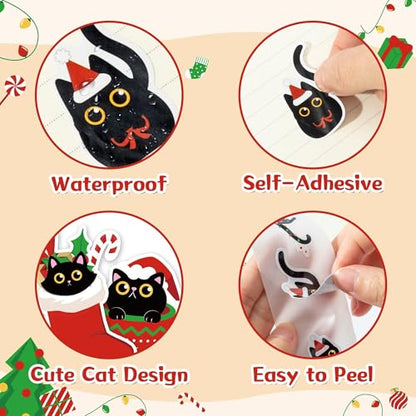 CNhoqc Christmas Black Cat Stickers - 2000 Pcs (4 Rolls) Vibrant Christmas Cat Stickers Santa Hat Tree String Light Waterproof Vinyl Decals Gift Wrapping Laptop Party Supplies Travel Case Skateboards - style: Christmas Black Cat 4-Rolls