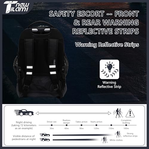 NEW TILAMI 18 Inch Rolling Backpack with Lunch Bag for Girls Boys School | 6-Wheel Stair-Climbing Girls Boys Carry-on Suitcase Water-Resistant Adjustable Trolley Handle Wheels School Travel Camping - color: Black