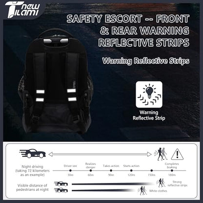 NEW TILAMI 18 Inch Rolling Backpack with Lunch Bag for Girls Boys School | 6-Wheel Stair-Climbing Girls Boys Carry-on Suitcase Water-Resistant Adjustable Trolley Handle Wheels School Travel Camping - color: Black