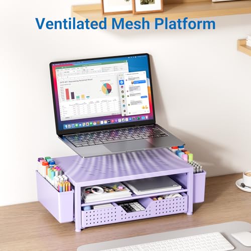 Laptop Stand for Desk Organizer, Computer Monitor Stand Riser with Drawer and 2 Pen Holders, Ventilated Perforated Steel Top, Office Desk Accessories for Home Office Supplies, Purple