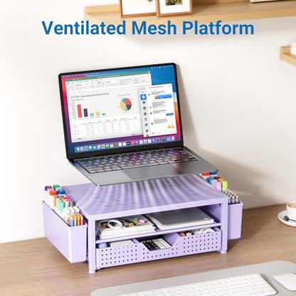 Laptop Stand for Desk Organizer, Computer Monitor Stand Riser with Drawer and 2 Pen Holders, Ventilated Perforated Steel Top, Office Desk Accessories for Home Office Supplies, Purple