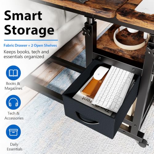 Adjustable Overbed Bedside Table with Wheels, Charging Station | Tilting Top, Adjustable Side Table, 2-Tier Storage with Drawer, Over Bed Table, C-Shaped End Table for Beds, Couch - color: Brown