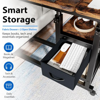 Adjustable Overbed Bedside Table with Wheels, Charging Station | Tilting Top, Adjustable Side Table, 2-Tier Storage with Drawer, Over Bed Table, C-Shaped End Table for Beds, Couch - color: Brown