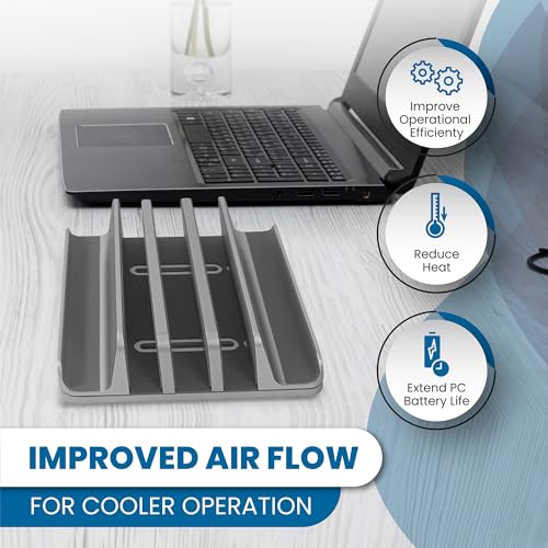 Multiple Laptop Holder Vertical – Adjustable Laptop Vertical Stand Holds 5 Devices, Fits All MacBooks Laptops Tablets and Mobiles (up to 17.3”). Closed Upright Vertical Laptop Stand for Desk - color: Grey