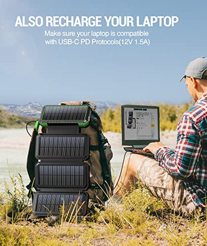 BLAVOR Solar Charger Power Bank, PD 18W Fast Charging 20000mAh Battery Pack with 4 Foldable Panels, Portable Solar Powered USB C Charger with Camping Flashlight Compass Carabiner for Cell Phone - color: Green
