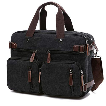 CROCOD 3 In 1 Canvas Convertible Laptop Bag for Men Women, 17.3 inch Laptop Messenger Bag Work Briefcase, Computer Shoulder Bag for Travel Business Office (17.3 Inch, Black) - color: Black