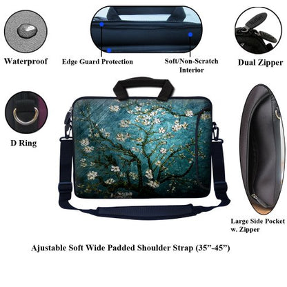 Meffort Inc 15.6 Inch Neoprene Laptop Bag – Water Resistant, Reinforced Zipper, Adjustable Shoulder Strap, Extra Side Pocket, Fits 15 to 15.6 Inch Laptops - Almond Blossoming - color: Vincent Van Gogh Almond Blossoming