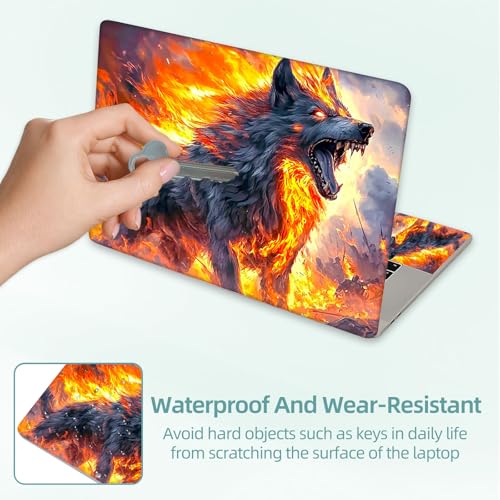 Universal Laptop Skin Decal, 3-Piece Vinyl Protector for 12 13 14 15.6" Notebook, Waterproof Anti-Scratch, Easy Trim & Bubble-Free Finish, Fierce Fire Wolf - color: Fierce Fire Wolf