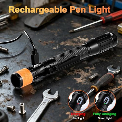 KunHe 480 Lumens Small LED Pen Flashlight Rechargeable IPX6 Waterproof 2 Light Modes Pocket zoomable Pen Flashlight with Steel Pocket Clip USB C Charging Work Light for Inspection Repair Emergency - size: 1 PACK