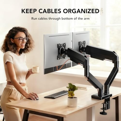 Dual Monitor Stand Adjustable Monitor Desk Mount for 17″–32″ Computer Screens, Full Motion VESA Pattern 75x75/100x100 with C-Clamp & Grommet Aluminum Base, Each Arm Holds 4.4 to 20 lbs HD09B-201 - size: dual monitor arm