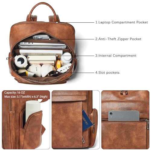 17 inch Laptop Backpack for Women, Leather Computer Backpack Purse - color: Brown