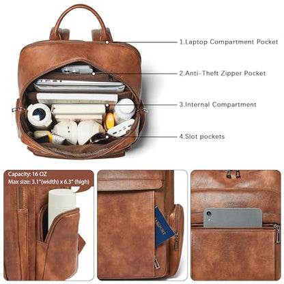 17 inch Laptop Backpack for Women, Leather Computer Backpack Purse - color: Brown
