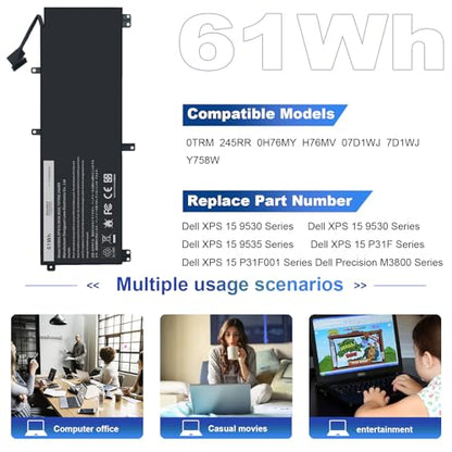 Futurebatt Replacement Laptop Battery for Dell XPS XPS 15 9530 (BB8FLV1) 9535 P31F001 Precision M3800 15d-3728 15d-3828 15d-4528 4721 4723 4728 6828t 8728t 8828t 9728t Series 701WJ - size: M3800 13.23*5.63*0.98*in