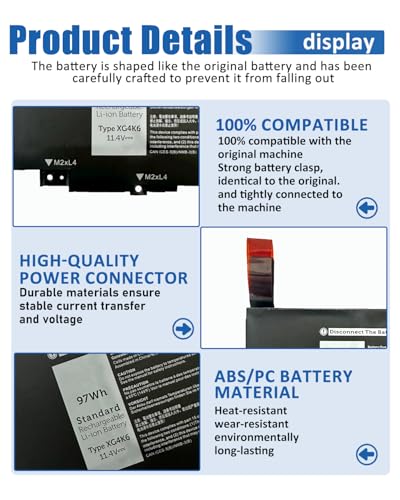 97Wh XG4K6 Battery Replacement for Dell XPS 17 9700 9710 9720 9730 Precision 5750 5760 5770 Series P92F P92F001 P92F002 P92F003 01RR3 001RR3 F8CPG 0F8CPG 0YY3V - size: 12.9*3.54*0.39 inch XG4K6
