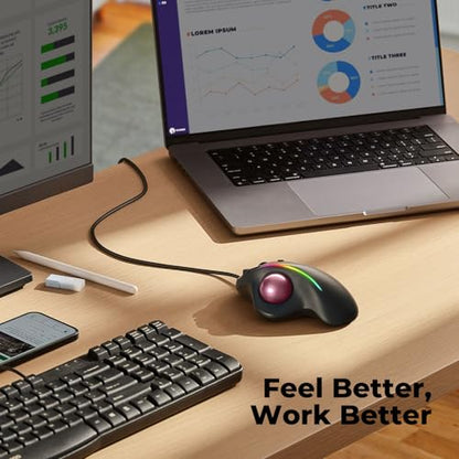 Wired Trackball Mouse with RGB Lighting, Ergonomic Thumb Control to Reduce Muscle Strain, 5 Adjustable DPI, Dual USB-C & USB-A Connectivity, Compatible with PC, Laptop, Mac, Windows-Pink - color: E-Pink