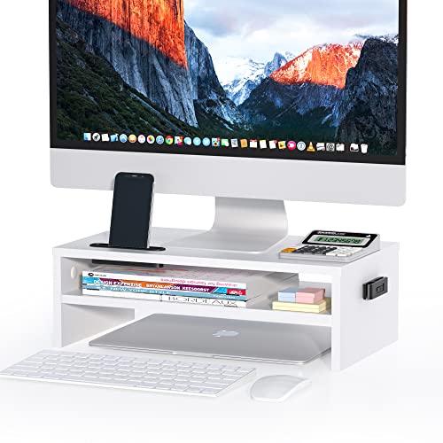 BONTEC Wooden Monitor Stand Riser for Desk, 2-Tier Computer Monitor Stand | 66 lbs Desk Shelf Organizer with Storage, Laptop & Printer Stand with Phone Holder and Cable Management, White, 16.5 Inch - color: White, size: 16.5 Inch