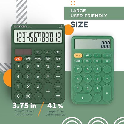 CATIGA 12 Digit Desktop Calculator Basic Desk Calculator with Large LCD Display, Big Buttons, 4 Function, Solar and Battery Dual Power, for Office, School, Home, SD-1292 Green - color: 6) Green
