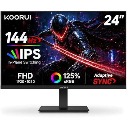 KOORUI 24 Inch Gaming Monitor 144Hz Full HD 1920 x 1080p IPS Ultra-Slim Display with HDMI VGA, Adaptive Sync, 99% SRGB, VESA 100x100mm, Eye Care, Tilt, HDMI 2.0, Black, E2411K - size: 24"/144Hz/FHD