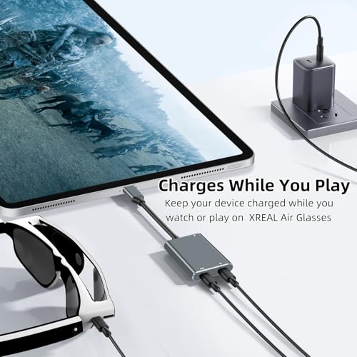 XREA L Hub Adapter, USB-C to Glasses Charging Adapter, 65W PD Charging & 4K@60Hz Output Compatible Switch 1, PS5, Mac, Laptops, Phone 17/16/15, for XR EAL Rokid Viture Ray Neo AR Glasses - color: Gray