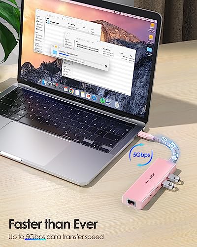 LENTION USB C Hub with Gigabit Ethernet Adapter, 4K HDMI, 3 USB 3.0 Port for MacBook Pro, New Mac Air, Surface, Chromebook, More, Stable Driver Certified (CB-C25, Rose Gold)