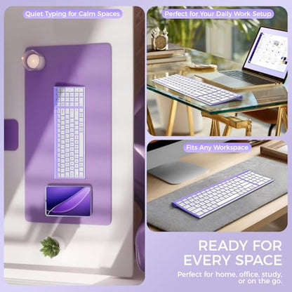 iClever BK10 Bluetooth Keyboard Quiet Typing Multi-Device USB-C Rechargeable – Slim Wireless Keyboard for Mac Windows iPad Office - color: Purple and White