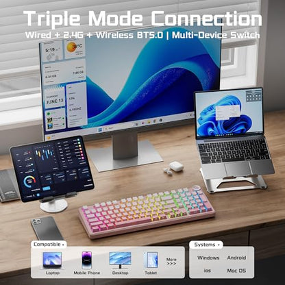 Aula F99 Pro Wireless Silent Mechanical Keyboard with Knob, BT5.0/2.4GHz/USB-C Hot Swappable, Pre-lubed Linear Switches, RGB Backlit, Gasket Mounted,Gradient Pink PC Gaming Keyboard for Win/MAC - color: Pink