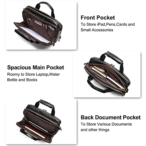 Leather Briefcases for Men 15.6 Inch Laptop Messenger Bag with Triple Compartments Water-Resistant Computer Shoulder Bag for Business, Travel, Work, Office, Black - color: Black