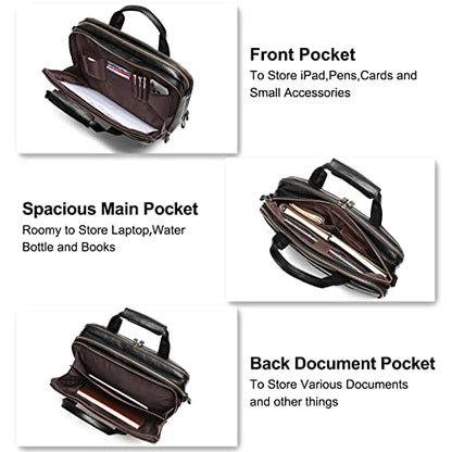 Leather Briefcases for Men 15.6 Inch Laptop Messenger Bag with Triple Compartments Water-Resistant Computer Shoulder Bag for Business, Travel, Work, Office, Black - color: Black