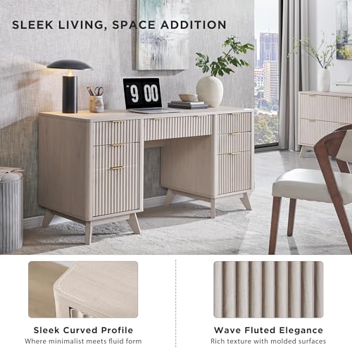 T4TREAM Fluted Executive Desk with Drawers, 60" Modern Home Office Computer Desk with Charging Station, File Cabinet, Keyboard Tray and Storage Cabinet for Study, Living Room, Bedroom, Alder White - color: Alder White