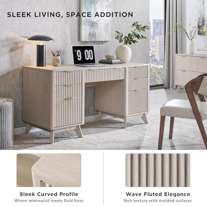 T4TREAM Fluted Executive Desk with Drawers, 60" Modern Home Office Computer Desk with Charging Station, File Cabinet, Keyboard Tray and Storage Cabinet for Study, Living Room, Bedroom, Alder White - color: Alder White