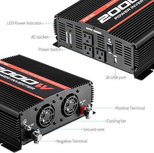 POTEK 2000W Power Inverter 3 AC Outlets 12V DC to 110V AC Car Inverter with 2A USB Port Black - size: 2000W-MSW