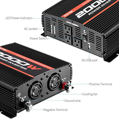 POTEK 2000W Power Inverter 3 AC Outlets 12V DC to 110V AC Car Inverter with 2A USB Port Black - size: 2000W-MSW