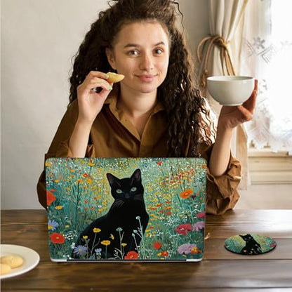 Laptop Skin Sticker Decal 15.6 Inch,12 13 13.3 14 15 15.6 in Laptop Netbook Skins for Notebook,Art Decal Removable Waterproof Scratch Resistant,Universal Vinyl Cover,Black Cat Wildflower - color: Black Cat Wildflower