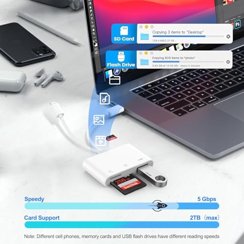 SD Card Reader for iPhone, iPad, USB C Lightning Dual Port SD Card Adapter, Memory Card Reader for Camera Adapter, Support SD, Micro SD, No App Required, Plug and Play