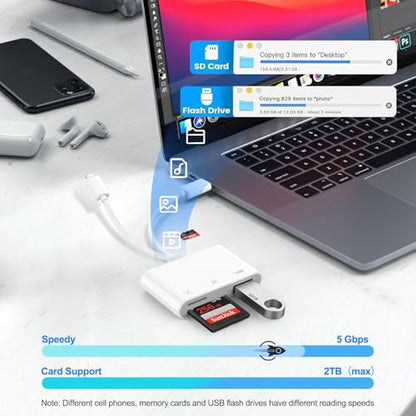 SD Card Reader for iPhone, iPad, USB C Lightning Dual Port SD Card Adapter, Memory Card Reader for Camera Adapter, Support SD, Micro SD, No App Required, Plug and Play