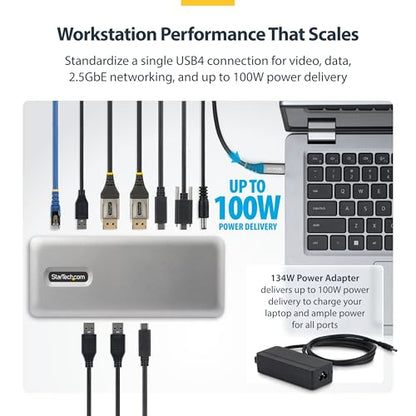 StarTech Driverless USB4 Dock, Dual 4K 144Hz for Mac and Windows, 100W | Universal USB-C dock, M4 and M5 MacBook, Plug-and-play, Single 8K 60Hz DisplayPort, 2.5GbE, Lock slot