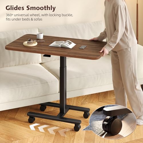 Homkdom C Shaped Table with Wheels, Side End Table with Extended Desktop, Adjustable Rolling Desk for Small Space, Dorm, Height Adjustment (29.5"-44"), Walnut Brown - color: Walnut Brown