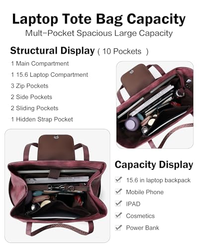 FADEON Large Laptop Tote Bag for Women Designer Leather Laptop Bag, 15.6in | Fashion Travel Backpack Purse Shoulder Handbag Fits 15.6 Laptop, Daily, Work, Business Trip, Weekend Travel, Teacher - color: Wine Red Retro Style