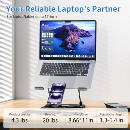 Laptop Cooling Pad with Detachable Fan & Cooler, 2-in-1 Laptop & Phone Stand, Adjustable Angle, 360° Rotatable Base, Carbon Steel, Ultra-Quiet & Super Sturdy for Laptop (Black) - color: Black