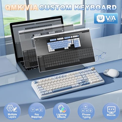 YUNZII B98 PRO 96% Wireless Mechanical Keyboard (Blue, Milk Switch) | QMK/VIA, with Numpad, Dual-Style Knob Design, Creamy Pre-Lubed Switches, Hot Swap, Gasket Mount, RGB for Gaming/Win/Mac - color: Blue, size: Milk V2 Linear Switch