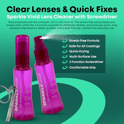 Sparkle Vivid Anti-Reflective Safe Lens Cleaner & Repair Kit – (2) 2oz Glasses Cleaner Spray, (2) Microfiber Cloth & Keychain Screwdriver for Eyeglasses, Sunglasses, Lenses & Screens (5 Piece Set) - style: Purple | 2x2oz Lens Spray + 2 Microfiber Cloths +
