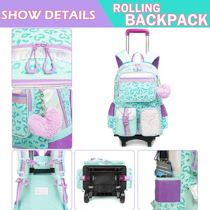 Meetbelify Girls Rolling Backpack with Wheels - Cute Kawaii Carry On Backpack for Elementary Students - Lunch Box Included - Travel Suitcase for Girls 8-10 - color: Love Green