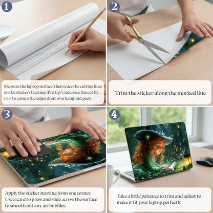 Universal Laptop Skin Sticker Decal,15.6 Inch Laptop Vinyl Cover for 13" 14" 15.6" Laptop,Waterproof Scratch-Resistant Protector Wrap,Reusable with Wrist Pads,Witch Girl Magic Book - color: Witch Girl Magic Book